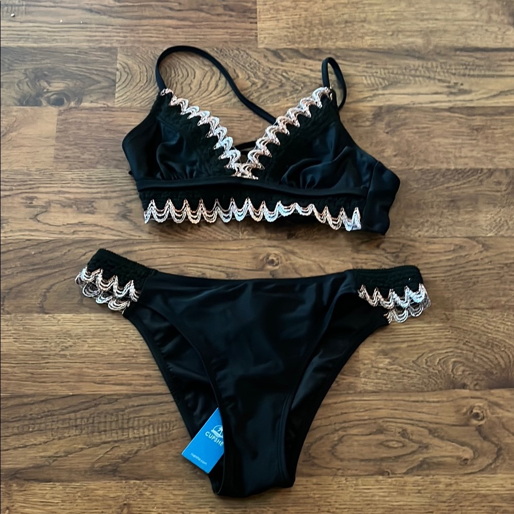 Black Lace Trim Bikini Set